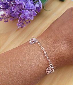 Pulseira Coração com Pingentes Vazado - Prata 925