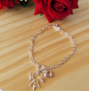 Pulseira Menina e Coração Rosa - PRATA 925