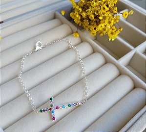 Pulseira Cruz Cravejado Colorido Curvado - Prata 925