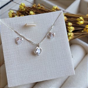 Conjunto Coração Zirconia - Prata 925