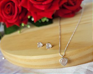 Conjunto Coração Zirconia - Prata 925