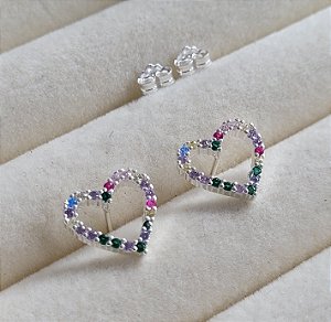 Brinco  Coração Color Cravejado - Prata 925