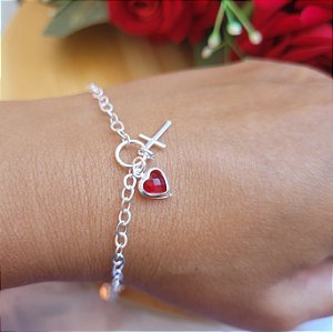 Pulseira Pingente Duplo Coração e Cruz - Prata 925