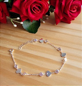 Pulseira  Coração Placa e Pedra Zircônia - Prata 925