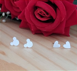 Brincos Coração e Mickey  2 Pares - Prata 925