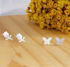 Brinco Flor e Borboleta 2 Pares - Prata 925