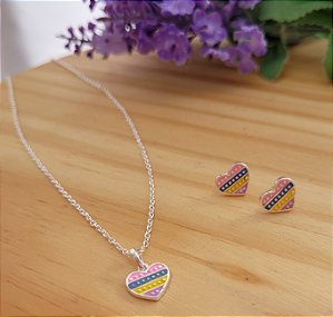 Conjunto Infantil Coração Color  - Prata 925