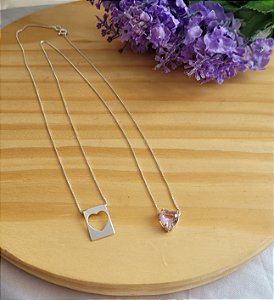 Escapulário Coração Rosa e Placa Vazada  - Prata 925