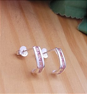 Brinco Meia argola com Zircônia Rosa - Prata 925