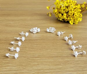 Kit de Brincos Borboleta e Flores - Prata 925