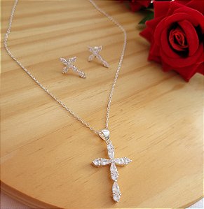 Conjunto Cruz Zircônias - Prata 925