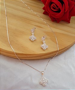Conjunto Trevo Cravejado - Prata 925