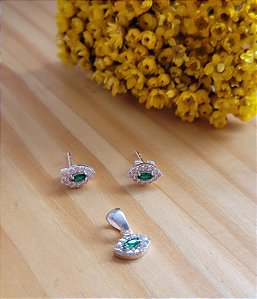 Conjunto Navete Cravejado com Verde - Prata 925