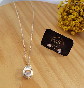 Conjunto Coração Coroa com Zircônia - Prata 925