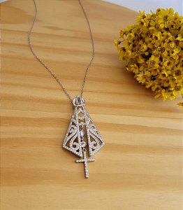 Colar N. Sra. Aparecida Cravejada com Zircônia e Cruz - Prata 925