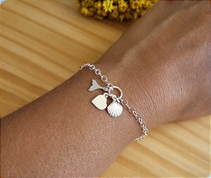 Pulseira Concha/ Rabo de sereia/ Coração - Prata 925