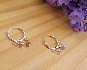 Argola Pingentes Lua e estrela - Prata 925