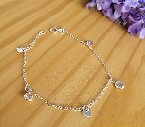 Pulseira Zircônia e Coração Pendurado - Prata 925
