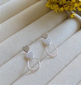 Brinco Oval com Coração Liso e Cravejado - Prata 925