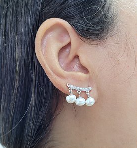 Brinco Ear Cuff Pérolas e Zircônia- Prata 925