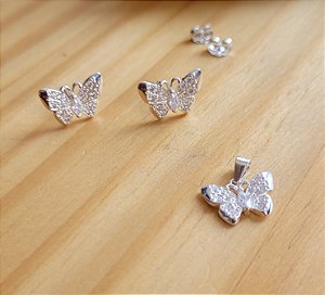 Conjunto Borboleta Cravejada - Prata 925
