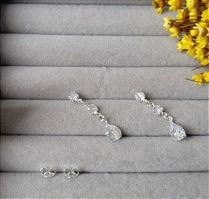 Brinco Zircônias e Gota Cristal- Prata 925