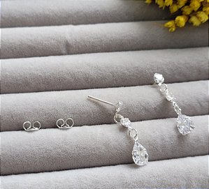 Brinco Zircônias e Gota Cristal- Prata 925