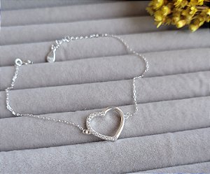 Pulseira Coração meio Cravejado - Prata 925