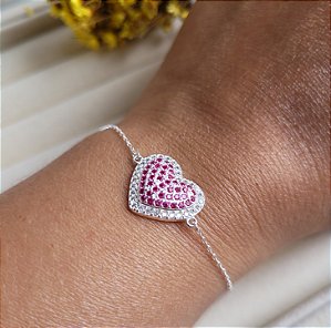 Pulseira Coração Cravejado Rosa - Prata 925