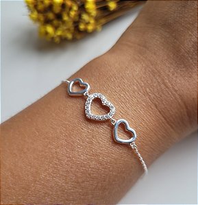 Pulseira 3 Corações - Prata 925