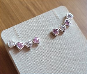 Brinco Ear Cuff Corações Zircônias - Prata 925