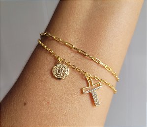 Pulseira Dupla São Bento e Cruz - Semijoias