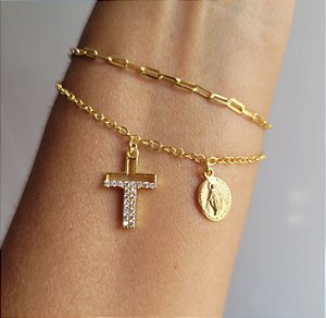 Pulseira Dupla N. Sra das Graças e Cruz - Semijoias