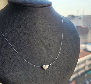 Colar Nylon Coração Cravejado - Prata 925