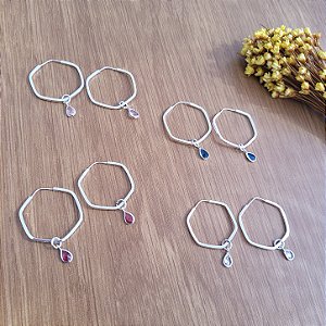 Argola Hexagonal c/ Gota Zircônia - Prata 925