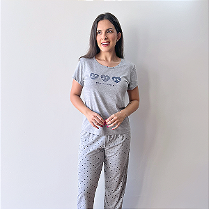 Pijama Meia Manga com Calça Mescla Coração