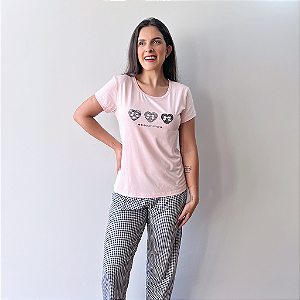 Pijama Feminino Meia Manga com Calça Xadrez em Viscolycra