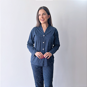 Pijama Feminino Manga Longa Poá Azul Marinho – 100% Algodão