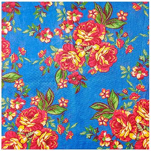 Tecido Chita Floral 50cmx150cm Festa Junina Fundo Azul Cor 11 Caldeira
