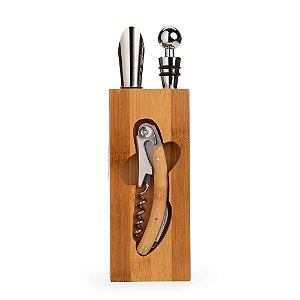Kit Acessórios para Vinho com suporte em Bambu - 6 Peças