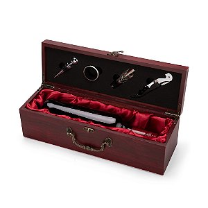 Caixa Luxo para Vinho com Alça Medieval, Acessórios e forro de cetim vermelho - 4 Peças