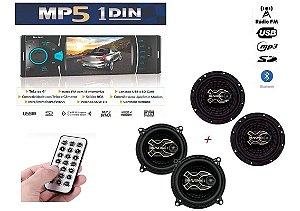Kit Radio Mp3 Mp5 1 Din + Par de Falante de 5 e 6 Polegadas