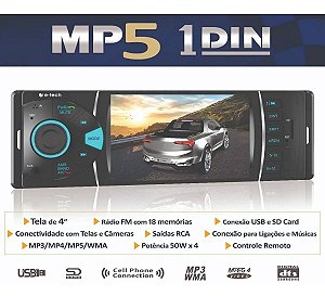 Mp5 Etech Multimidia Tela 4 Pol Hd 1 Din + Câmera de Ré Tartaruga