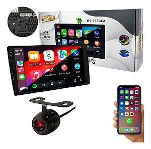 Central multimidia android H-tech Mp5 2 Din 9 polegadas octacore 6+128gb qled car play e android auto sem fio Ht-9960ca com câmera de ré