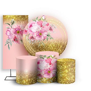 KIT Redondo Trio e Faixa - Floral Rosa - Sublimado 3D