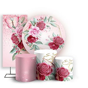 KIT Redondo Trio e Faixa - Floral Rosa - Sublimado 3D