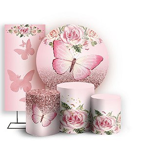 KIT Redondo Trio e Faixa - Borboleta Rosa - Sublimado 3D