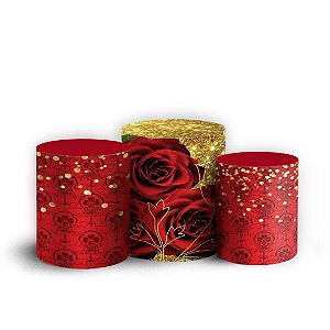 Trio Cilindro - Floral Vermelho - Sublimado 3D + Elástico