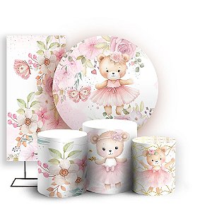 KIT Redondo Trio e Faixa - Ursinha Bailarina Floral - Sublimado 3D