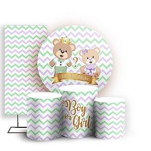 KIT Redondo Trio e Faixa - Ursinhos Chá Revelação - Sublimado 3D